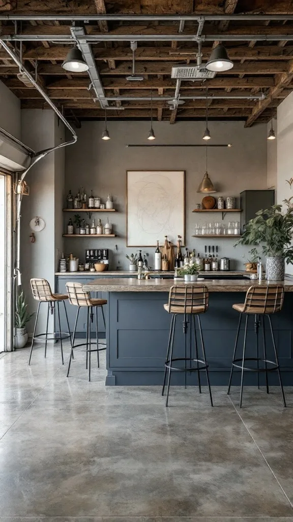 A stylish garage bar with stools and organized shelves.