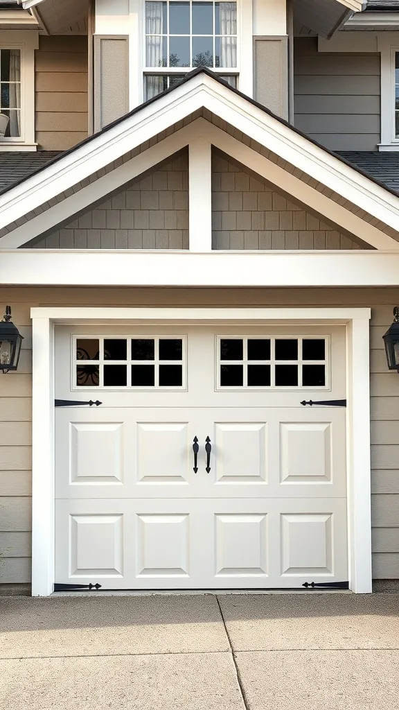 White garage door with decorative windows and black hardware