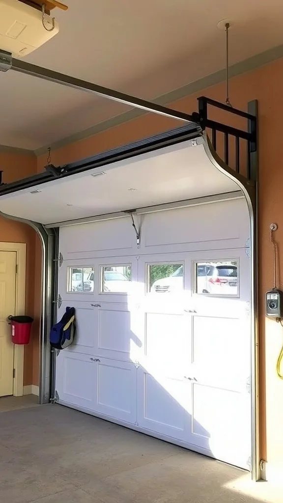 A white garage door with a classic design, set against a brick wall, showcasing a clean and organized garage aesthetic.