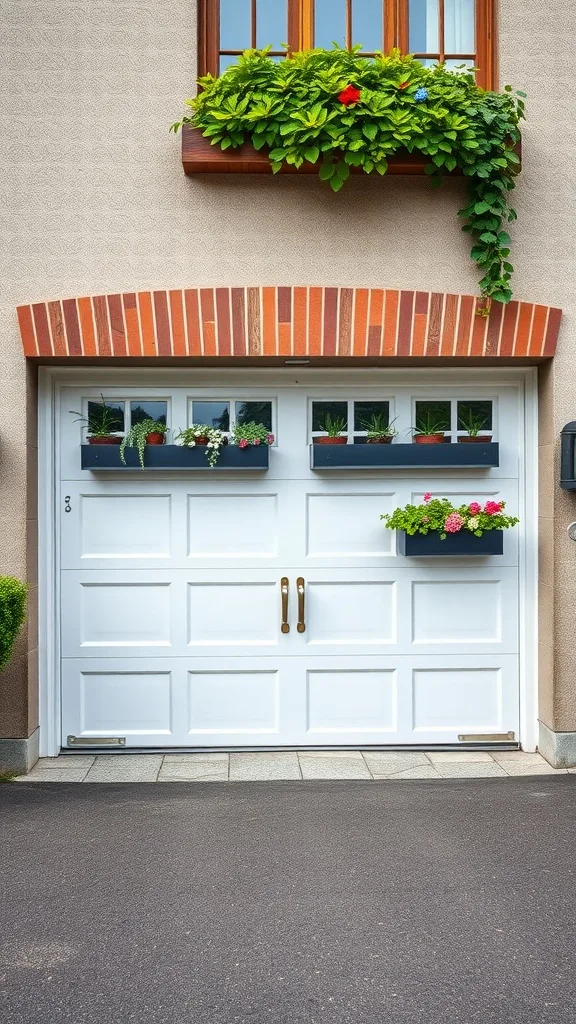 A white garage door with integrated planters filled with flowers, showcasing a stylish home exterior.