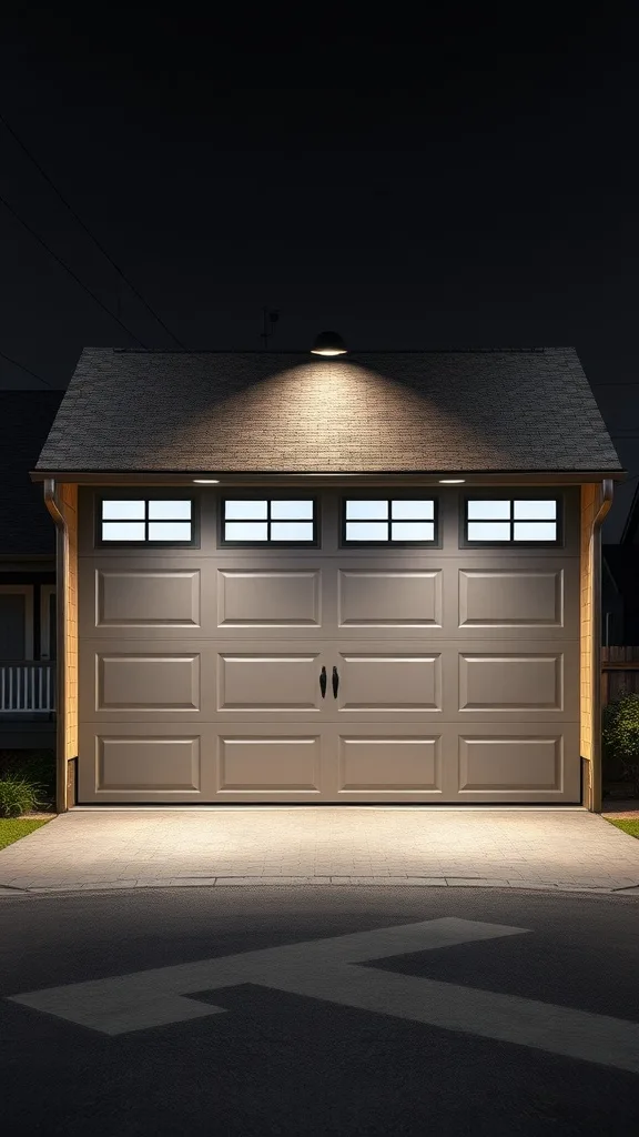 A modern garage door with smart lighting illuminating it at night.