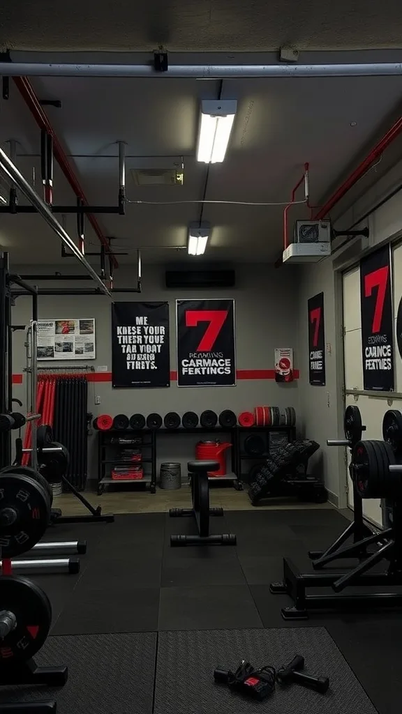 A well-organized garage gym featuring weights, workout benches, and motivational posters.