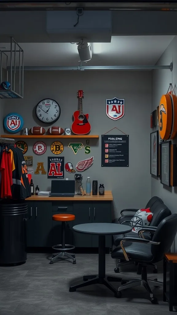 Cozy garage sports bar nook with team memorabilia, a small table, and comfortable chairs.