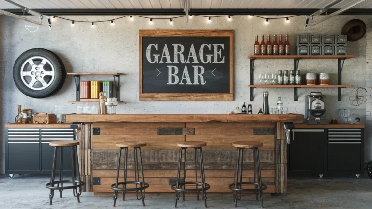 A garage bar with a rustic and industrial vibe. There's a wooden bar with a few stools. On the wall behind the bar, there's a chalkboard sign with the words "Garage Bar". There are shelves with various bottles and cans. There's a vintage car tire hanging above the bar. The floor is made of concrete. There are string lights hanging above the bar.