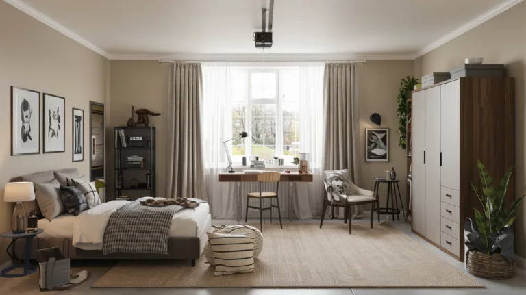 A man's bedroom conversion in a garage. There's a bed, a wardrobe, a desk, and a few chairs. The walls are painted beige, and there's a window with curtains. The floor is covered with a beige rug. There's a lamp on the desk and a plant near the wardrobe.