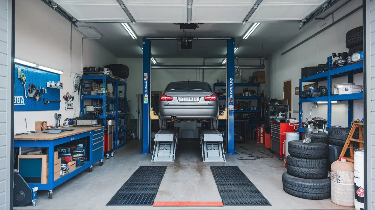 A photo of a garage car workshop. There is a car on a lift in the middle of the garage. There are various car parts and tools scattered around the garage. There is a workbench near the wall with a few tools. The garage has a few shelves with car parts. The floor is covered with a protective mat.