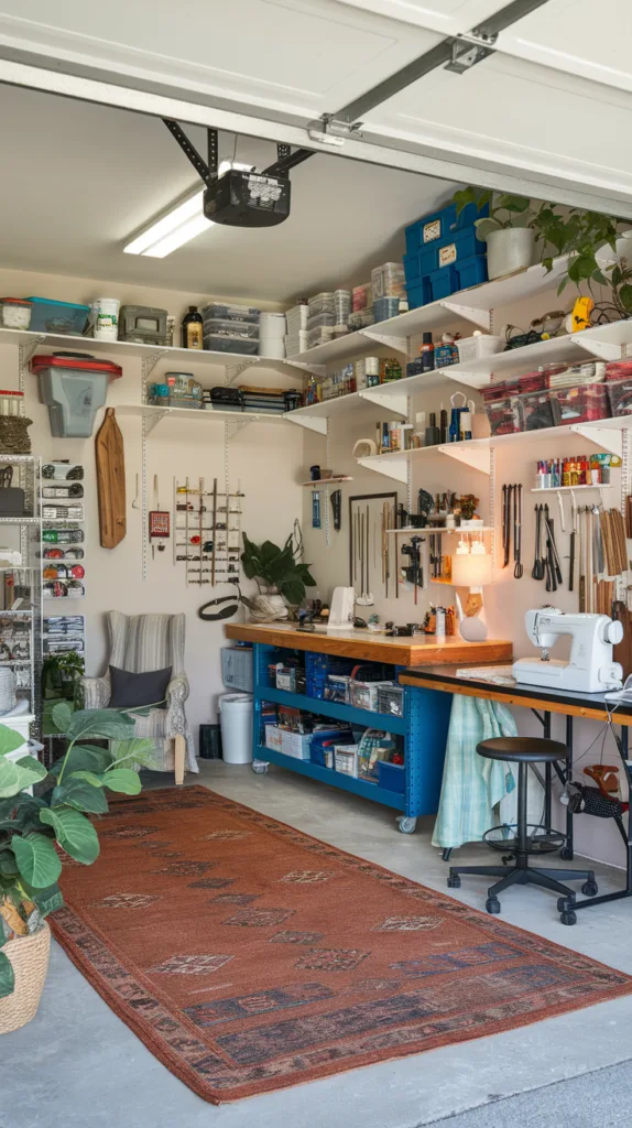 A photo of a garage that has been transformed into a craft and DIY workshop. The walls are adorned with shelves filled with various crafting supplies. There's a workbench in the center with multiple tools. A table in the corner has a sewing machine and fabric. The floor is covered with a large rug. There's a small area with a chair and a lamp. The room has a few plants and decorative items. The overall space is well-lit.