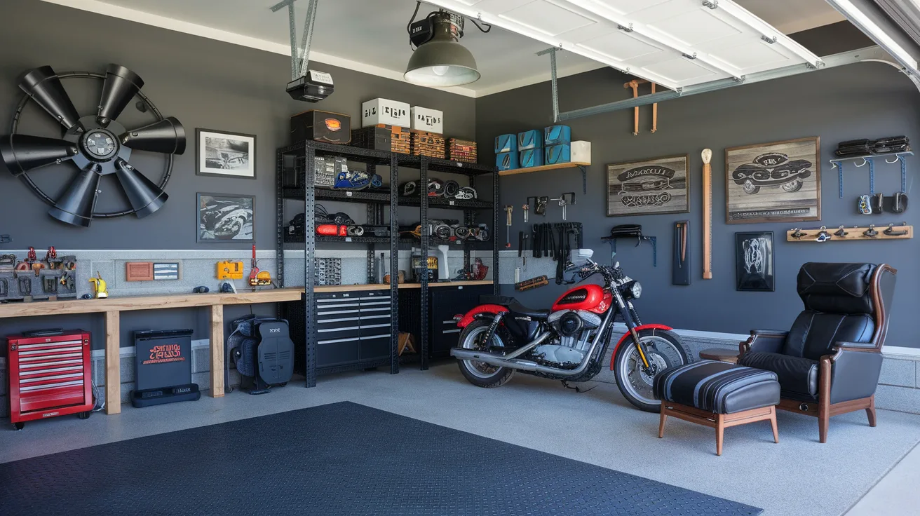 A garage adorned with 20 stylish decor items for men. The garage has a gray wall with a large, black, industrial-style fan. There's a set of metal shelves filled with tools. A red motorcycle is parked near the shelves. The garage has a wooden workbench with tools. There's a black, leather-upholstered chair near the wall. A large, industrial light hangs from the ceiling. The floor is covered with a blue, rubber mat.