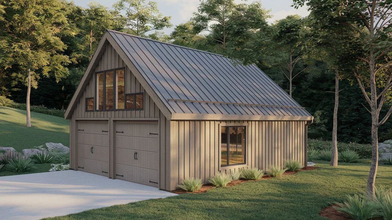 A photo of a detached garage design idea with a modern architectural style. The garage has a sloping roof and is made of wood. There is a large window on the side of the garage. The garage is set back from the street and is surrounded by a concrete slab. The background contains a lush green landscape with trees and plants.