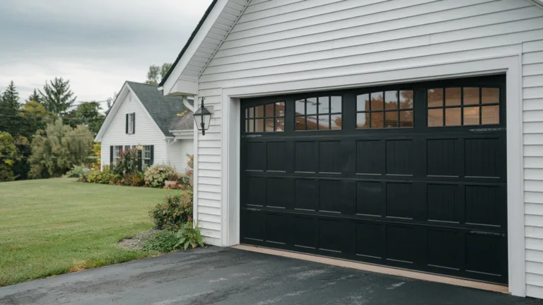 A photo of a black garage door with a window. The garage is attached to a white house with a green lawn. There is a lamp post near the garage. The sky is overcast.