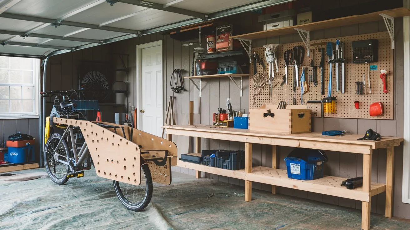 A DIY project in a garage with a workbench. There's a bicycle with a customized chain guard. There's a pegboard with tools hanging on it. There's a wooden box with a handle on the workbench. The floor is covered with a tarp. The garage has a door and a window. The walls have shelves.