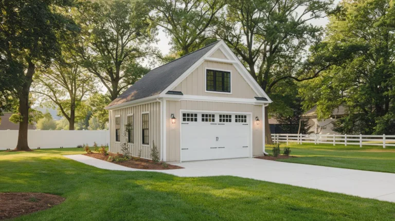 A photo of a garage with a beige exterior. The garage has a modern design with a white door and black windows. The garage is located in a spacious yard with lush green grass and a few trees. The background contains a white fence and a house. The lighting is bright.