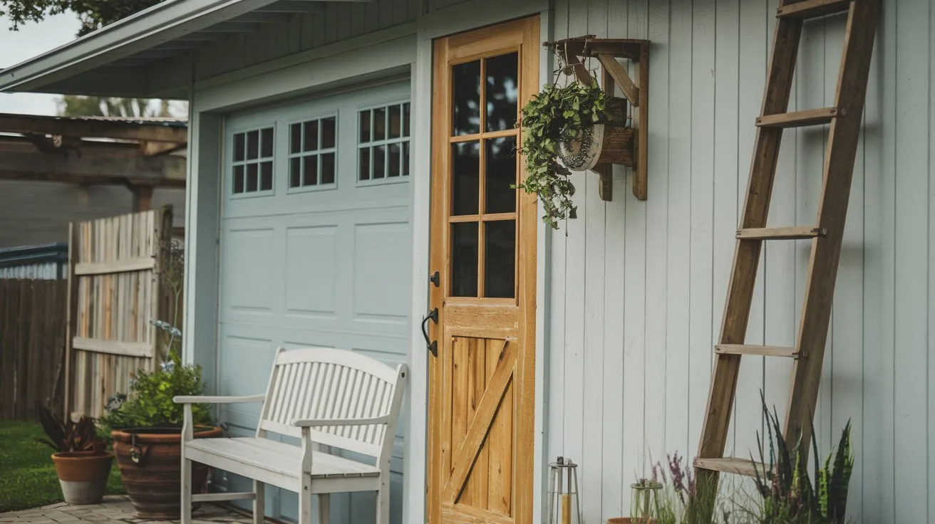 A photo of a garage exterior with rustic decor elements. The garage has a wooden door with a window and is painted in a light blue hue. There's a white bench near the door. A wooden ladder leans against the wall. A few potted plants add a touch of greenery. The background contains a fence and a building. The overall ambiance is relaxed and welcoming.