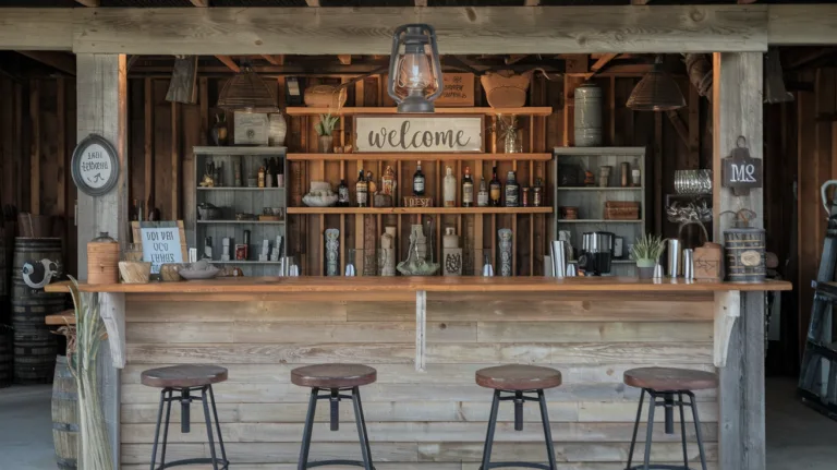 A photo of a farmhouse garage bar with a rustic charm. There's a wooden bar with a few stools. The bar is adorned with a variety of items, including a lantern, a sign that says "Welcome", and a few decorative pieces. The background has a few shelves with items. The overall image has a warm, inviting ambiance.