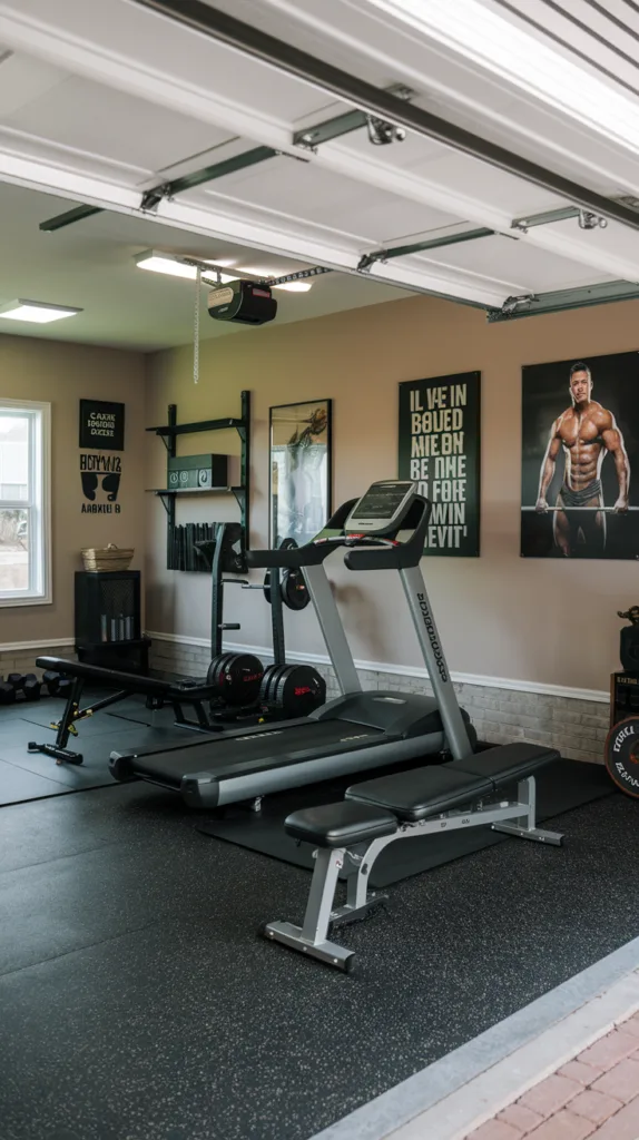 A photo of a garage converted into a home gym. There's a treadmill, free weights, and a weight bench. The floor is covered with rubber flooring. The walls have motivational decor, such as a quote and a poster of a bodybuilder. The lighting is bright.