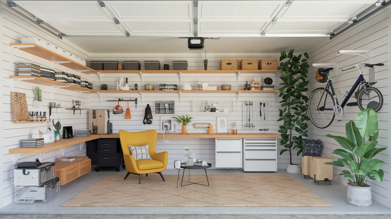 A garage is transformed into a stylish and aesthetic space. There's a white wall with shelves filled with various items. There's a wooden workbench against the opposite wall. A large plant sits on the ground. A bicycle is hanging from the ceiling. A yellow chair and a small table are placed in the corner.