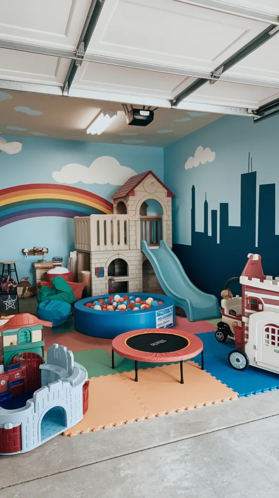 A photo of a garage transformed into a playroom for kids. There's a large play structure with a slide, a ball pit, and a small trampoline. There are also various toys scattered around, including a pirate ship, a castle, and a car. The walls are painted with murals of clouds, a rainbow, and a city skyline. The floor is covered with a soft, colorful mat.