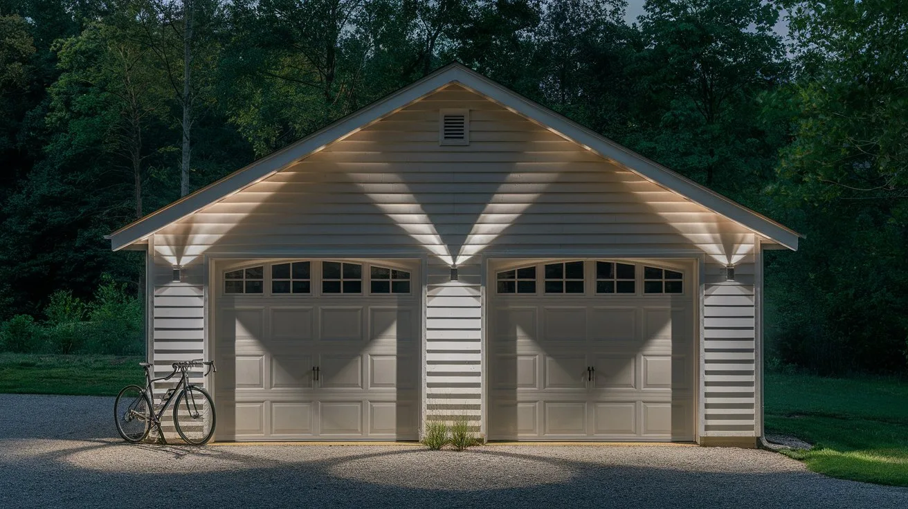 A photo of a garage with the exterior lighting on. The garage is made of wood and is painted white. There's a bicycle leaning against the wall. The lighting casts long shadows. The background is a lush green forest.