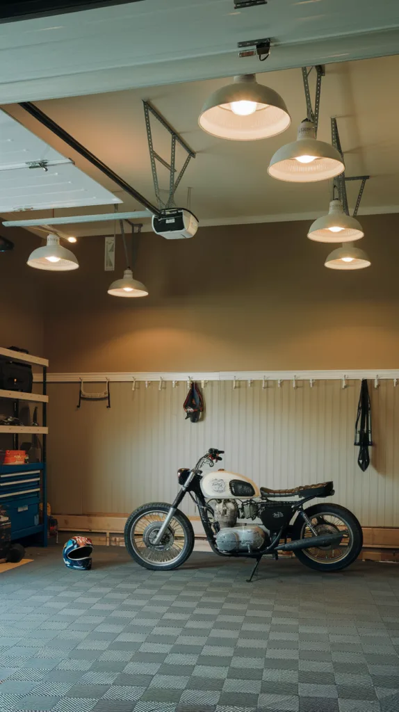 A photo of a garage with proper lighting for visibility and safety. There are multiple light fixtures hanging from the ceiling, illuminating the garage. The floor is covered with a checkered pattern. A motorcycle is parked in the garage, with a few tools and a helmet nearby. The walls are painted with a beige hue and have a few hooks for hanging items.