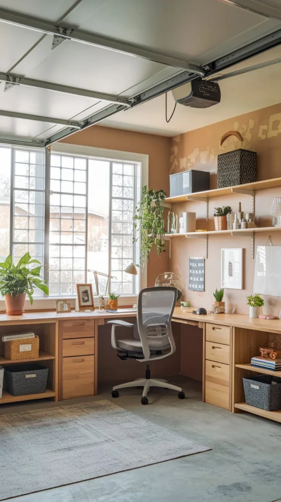 A photo of garages transformed into stylish and functional home offices. There are large windows for natural light, ergonomic furniture, and organized workspaces. One garage has a wooden work desk, a comfortable chair, and shelves for organization. There's also a potted plant on the desk for a touch of greenery. The garage has a few personal items, such as a photo frame and a decorative lamp. The walls have a coat of paint and a few hangings. The floor is covered with a rug for comfort.