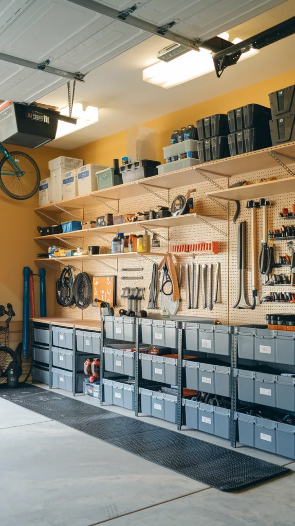 A photo of a creative and organized garage storage solution. There are wall-mounted shelves, tool pegboards, and neatly arranged DIY storage cabinets. The shelves are filled with various tools, equipment, and supplies. There's a bicycle hanging from the ceiling. The floor is covered with a protective mat. The lighting is bright.