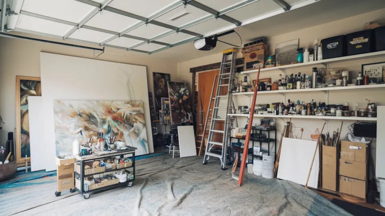 A photo of a garage turned art studio. There's a large canvas with a painting in progress. There's a shelf filled with art supplies. A ladder leans against the wall. The floor is covered with a tarp. The lighting is bright.