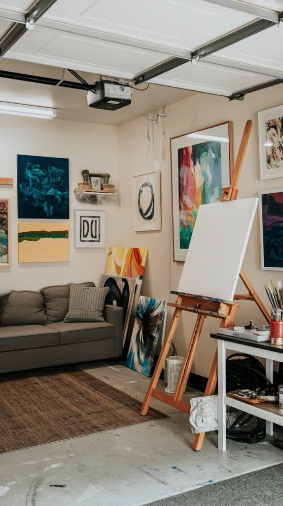 A photo of a garage transformed into a personal art studio. There's an easel with a canvas and paintbrushes on a table. The walls are adorned with various artwork. There's a sofa in the corner. The floor has a rug. The lighting is bright.