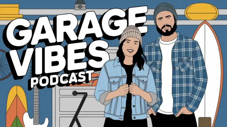 A video thumbnail for a podcast called "Garage Vibes" with a female and a male host. The female host is wearing a denim jacket and a beanie, while the male host is wearing a flannel shirt and a beanie. They are standing in a garage and the background is filled with various items, including a guitar, a skateboard, and a surfboard. The color palette is predominantly blue, white, and gray.