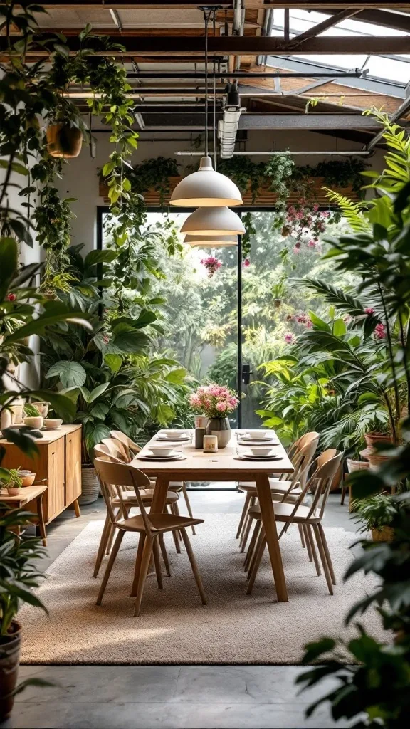 A bright dining room filled with plants, showcasing a wooden table set for a meal.