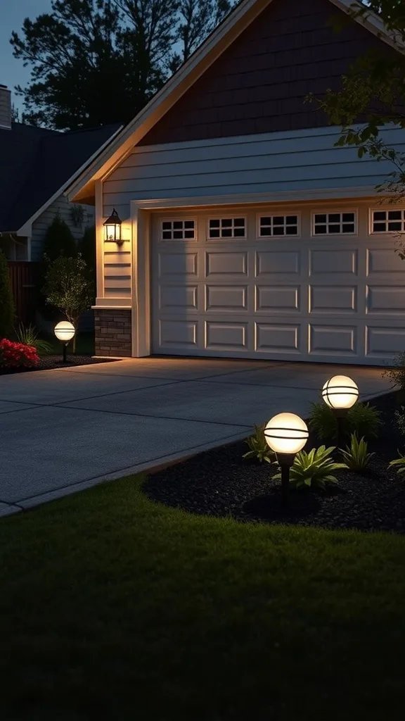 A well-lit garage exterior with garden spotlights illuminating the pathway and landscaping.