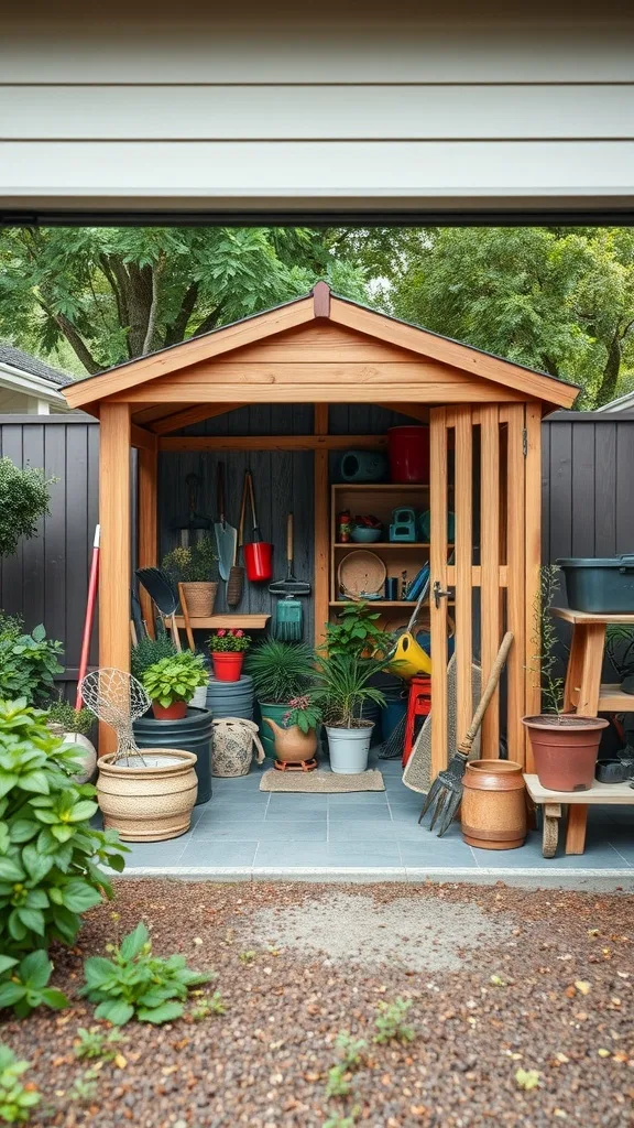 A cozy garden tool shed filled with various pots and gardening tools, showcasing a well-organized space.