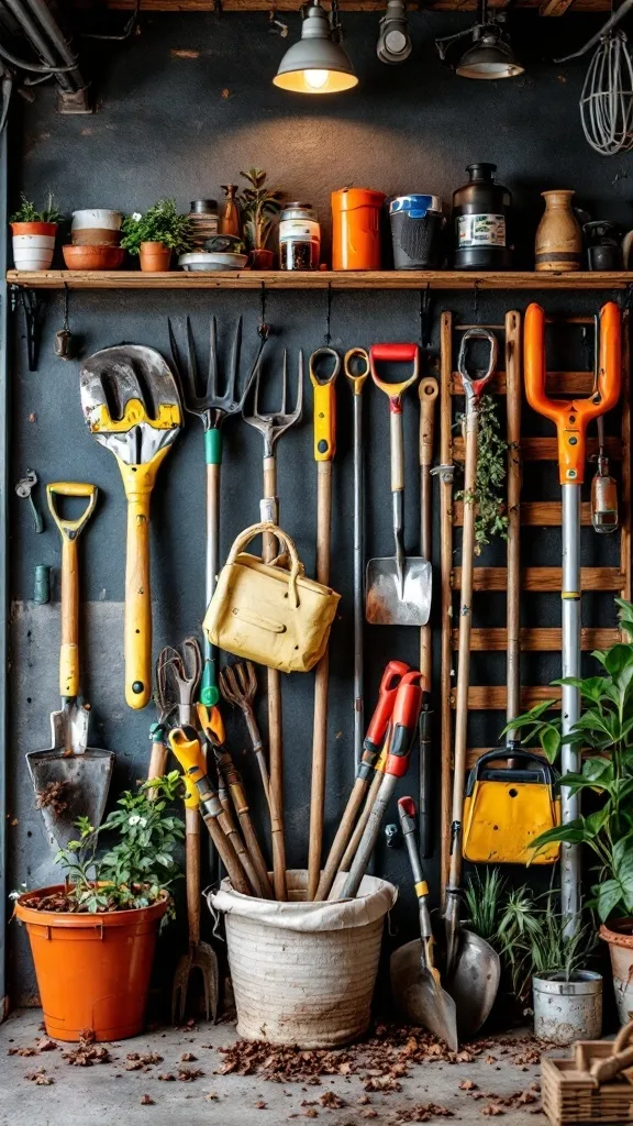 An organized garden tool storage area featuring various tools mounted on a wall with plants and pots.