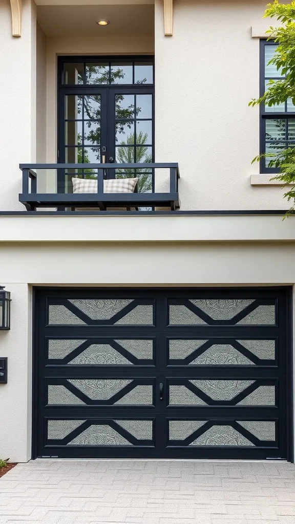 Geometric pattern garage door with glass inserts and a stylish design.