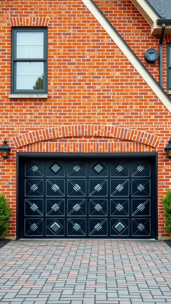 Geometric patterned garage door on a brick house with a red brick exterior and a paved driveway