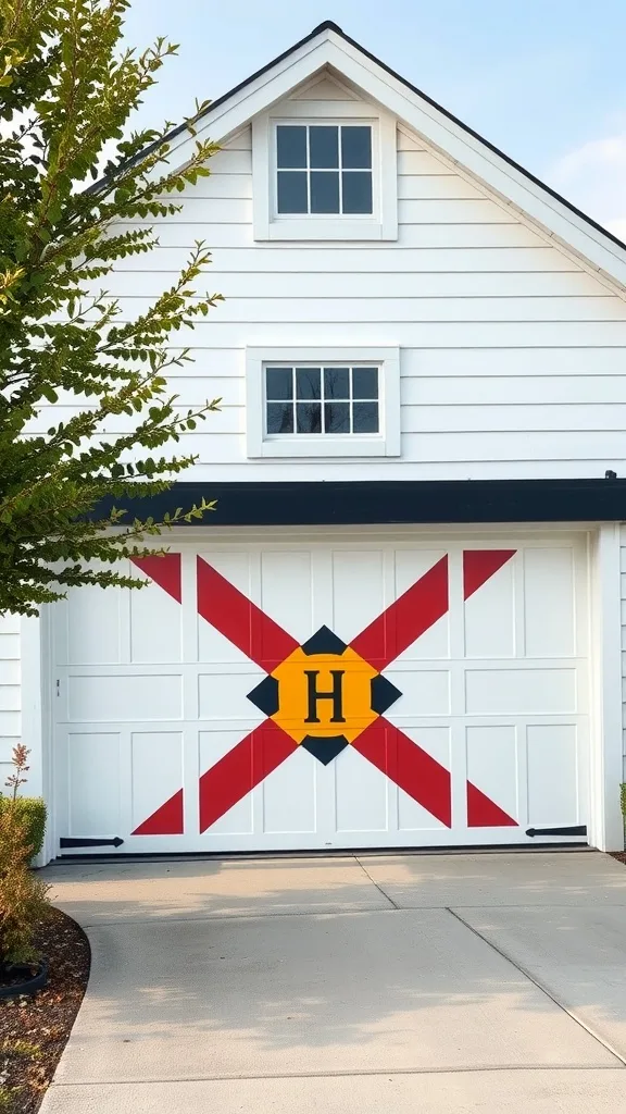 Garage door with geometric patterns in red, yellow, and black