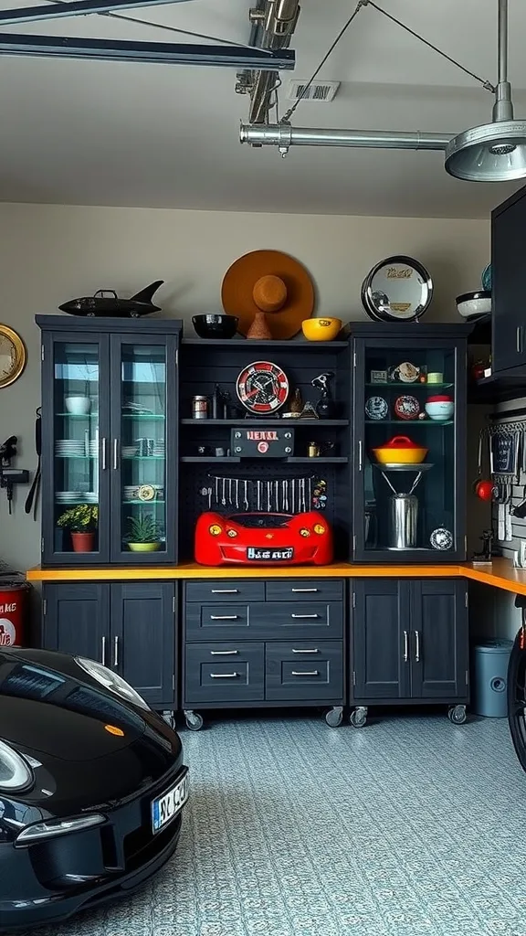 A stylish garage display featuring glass-front cabinets, colorful items, and a sleek design, enhancing organization and aesthetics.