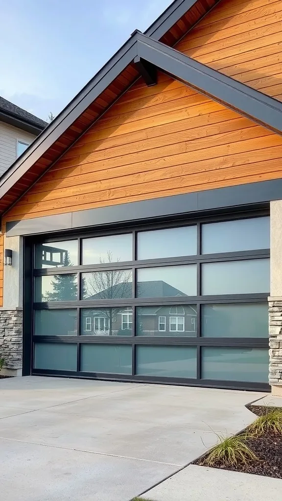 Modern garage door made of glass and steel combination with frosted panels