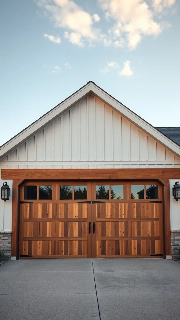 A hybrid garage door design showcasing wood and glass elements, fitting a farmhouse style.