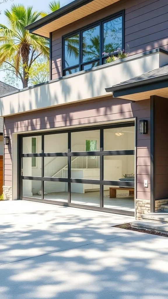 A modern glass garage door with large panels, framed in black, set against a contemporary home.