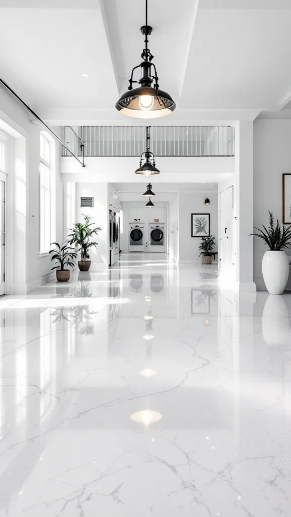 Garage with glossy pearl white epoxy flooring, showcasing a clean and modern interior.