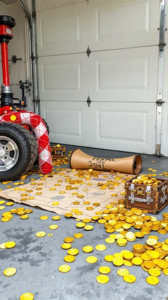 A garage decorated for a St. Patrick's Day treasure hunt, featuring gold coins scattered on the floor and a treasure map in the background.