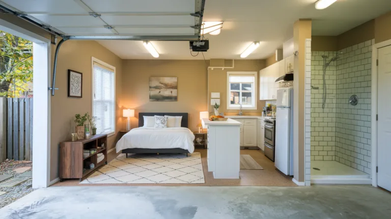 A photo of a garage conversion into a granny flat or studio apartment. The garage has been transformed into a living space with a bedroom, a kitchen, and a bathroom. There is a queen-sized bed in the bedroom, a stove and refrigerator in the kitchen, and a shower in the bathroom. The floor is covered with a white rug. The walls are painted beige. There is a door leading outside. The lighting is bright.