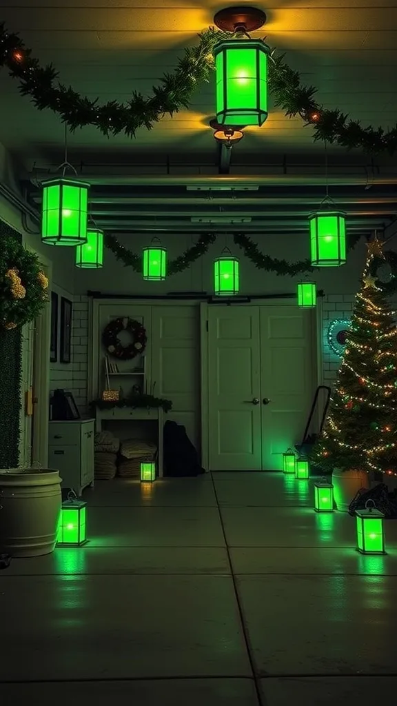 A garage decorated with green lanterns and a small Christmas tree, giving a festive appearance.