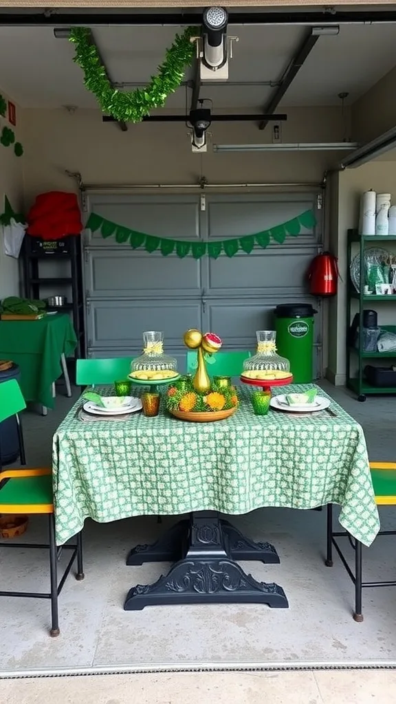 A festive garage decorated for St. Patrick's Day with a green tablecloth and colorful tableware.