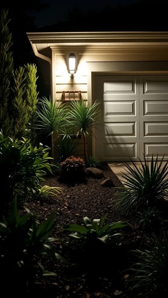 Ground uplighting illuminating potted plants near a garage