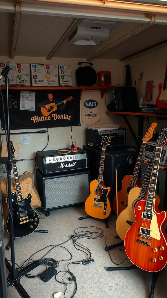 A cozy music corner in a garage featuring multiple guitars, amplifiers, and music accessories.