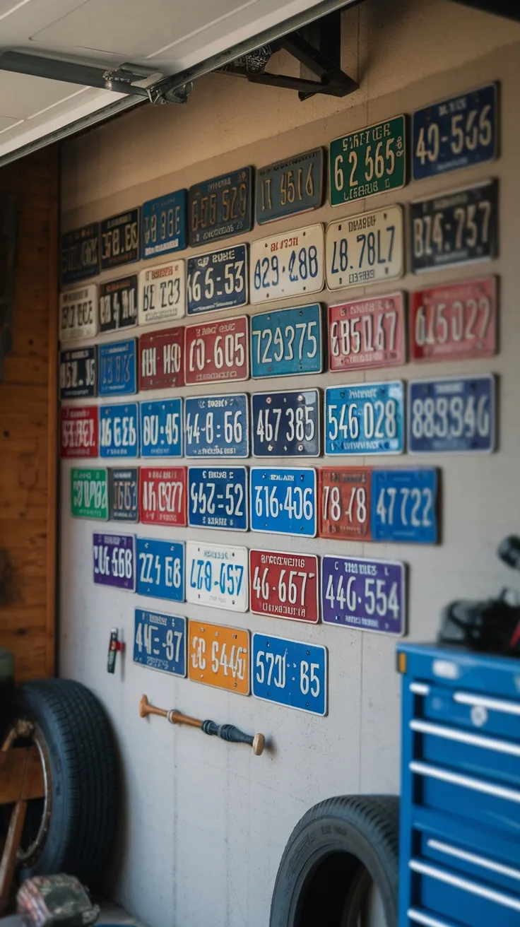 A wall displaying a collection of colorful license plates in a garage