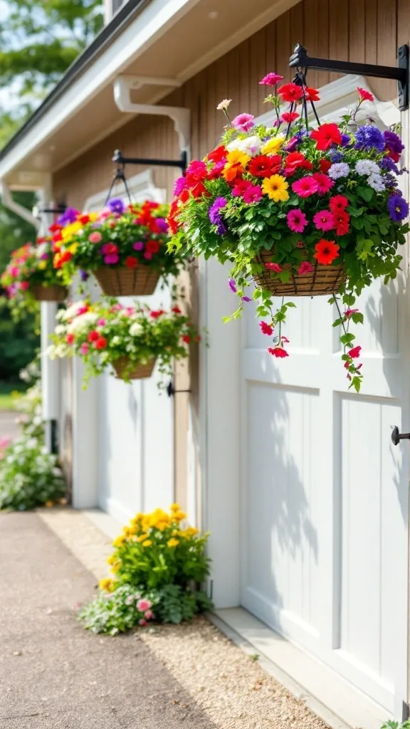 Colorful hanging flower baskets featuring pink and yellow flowers next to a garage door