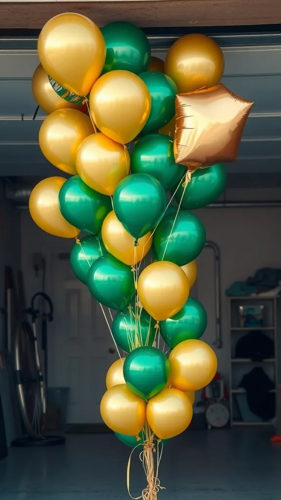 A bunch of gold and green balloons hanging in a garage