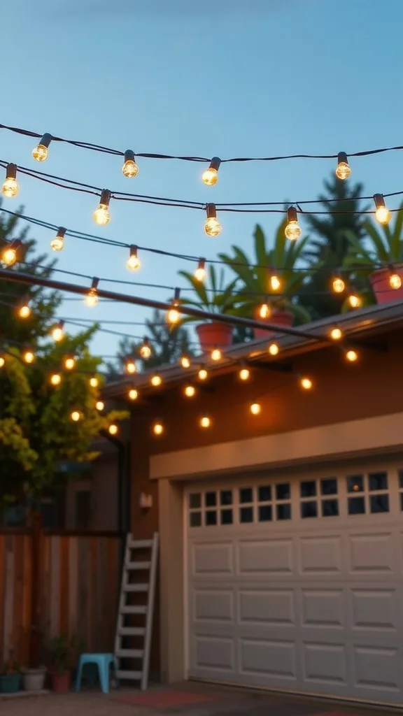 A cozy hanging string light canopy illuminating a garage area.